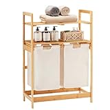 YOUDENOVA Wäschekorb aus Bambus-Gestell,Wäschesammler mit 2 Ablagen mit 2 Ausziehbaren Wäschesäcken für Schlafzimmer Bad oder Waschküche 93x64x33cm Elfenbein