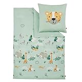 s.Oliver Kinderbettwäsche Tiere 100x135 cm - 100% Baumwolle, praktischer Reißverschluss & maschinenwaschbar, Bettwäsche für Kinder 2tlg. Zootiere hellgrün