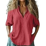 Damen Sommer Kurzarm Top - Baumwolle Leinen Material Trendy Baggy T-Shirt Design V-Ausschnitt Button-Down Casual Atmungsaktive Bluse für heiße Tage, 1D-Rot, S