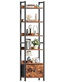 Furologee Bücherregal mit 6 Ebenen, hohes Regal mit Schublade, Holz und Metall, Bücherregale, Aufbewahrungs-Organizer, industrielles Ausstellungsregal für Schlafzimmer, Wohnzimmer, Heimbüro