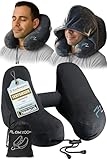 FLOWZOOM Nackenkissen Flugzeug Reisekissen Aufblasbar H-Design 5 Schlafpositionen Kapuze Schwarz