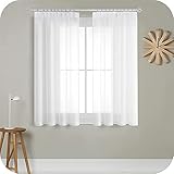 MRTREES Gardinen mit Kräuselband Stores Gardinen Weiß kurz transparent 122X140cm (HXB) Schlaufenschals 2er Set Vorhänge in Leinenoptik für Wohnzimmer Schlafzimmer Mädchen Jugend Curtains