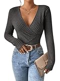 GORGLITTER V Ausschnitt Damen Oberteil Langarm Wickelshirt Rippenstrick Tshirt Herbst Top Dunkelgrau M