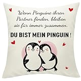 Sunia Pinguin Kissenbezug Geschenk, Jahrestag Geschenk für Ihn Sie, Kissenbezüge 45x45 cm, Dekokissenbezug mit Taschen, Liebe Geschenk, Weihnachten Männer Frauen Paare