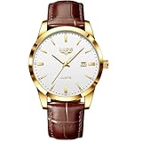 LIGE Herren Uhren Wasserdicht Quarz Armbanduhren Für Herren Männer Uhr Mit Datum gelb-braun Lederarmband Retro Business Men's Watches Geschenk für männer,Goldweiß