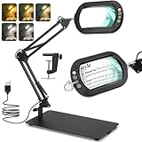 Veemagni 10X Rectangle Lupe mit Licht und Ständer, 5 Farbmodi stufenlos dimmbar, 2-in-1 LED beleuchtete Schreibtischlampe & Klemme, Hände frei Leselupe für das Lesen Handwerk Reparatur Malerei