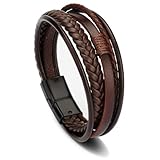 Herren Lederarmband - Breites Geflochten Echtleder Wickelarmband Mit Magnet Verschluss - Braun - Edelstahl - 23cm