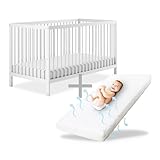 Ehrenkind® Babybett PUR inkl. Matratze 120x60 Buchenholz | Weiß | Kinderbett 9-Fach höhenverstellbar mit entnehmbaren Stangen | Baby Bett