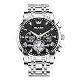 OLEVS Silber Armbanduhr Herren Edelstahl Wasserdicht Uhren Herren Schwarz Zifferblatt Römischen Zahlen Diamant Lässig Herrenuhren Mondphase Leuchtende Business Kleid Quarzuhr Geschenke für Männer
