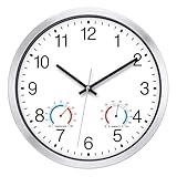 KIZLOC 30 cm Wanduhr Outdoor wetterfest mit Temperaturanzeige und Feuchtigkeitsmesser, Gartenuhr ohne Tickgeräusche lautlos, Quarz batteriebetriebene große Uhr für Garten, Terrasse, Badezimmer (Weiß)