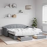 THOYTOUI Tagesbett Ausziehbar, Massivholzbett Holzbett Bettsystem Tagesbett Geeignet für Schlafzimmer Hotel Gästezimmer Wohnung mit Schubladen Hellgrau 90x190 cm Stoff