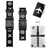 Koffergurte 2 Stück, Verstellbare Kofferband mit zahlenschloss und Adressschild, Kreuzgurt Kofferbänder für Koffer, Reisezubehör Gepäckgurt Luggage Strap zum Sicheren Verschließen (Schwarz)