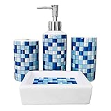 MUZI Keramik-Badezimmer-Zubehör-Set mit 4 Stück, modernes Design, Seifenspender, Zahnbürstenhalter, Becher, Seifenschale (blaues Mosaik)