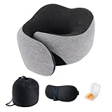 Reise-Nackenkissen, Memory-Schaum-Nackenkissen mit Augenabdeckung und Ohrstöpseln, U-förmiges Stützkissen, ergonomisches Reisekissen mit Kinnstütze, verstellbares Schlafkissen für Flugzeug Zug Ca,