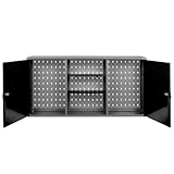 Kreher® Werkstattschrank aus Metall mit 2 abschließbaren Türen, Zwei höhenverstellbaren Einlegeböden und Einer Lochwand. Lackiert in Schwarz. Maße BxTxH ca.: 120 x 19 x 60 cm.