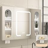 Spiegelschrank Badezimmer mit LED-Lichtern, 2 Türen, Dimmbarer Berührungssensor, Offene Regale, Medikamentenaufbewahrung - Große Spiegelaufbewahrungslösung
