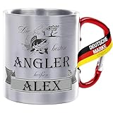 Crealuxe Edelstahltasse mit Karabiner - Die Besten Angler heißen Wunschname - 330ml Tasse personalisiert mit Gravur, Kaffeetasse, Bürotasse, Metalltasse mit Name, Angelzubehör