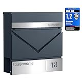 SONGMICS Briefkasten personalisiert, lasergraviertes Namensschild und Hausnummernschild, Postkasten, Zeitungsfach, V-förmiges Sichtfenster, Schloss, modern, anthrazit-silbern GMB080D01V1