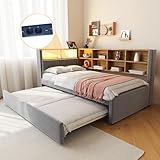 Merax Schlafsofa 90x200 cm, mit Ausziehbett 90x190 cm, LED-Leuchten, Steckdosen & USB/Type-C-Anschlüssen, Polsterbett mit viel Stauraum & Ablagefächern, Flanellbezug, Dunkelgrau (ohne Matratze)