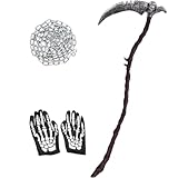 Tankermo Halloween Accessoires - Sense Tod & 300cm Kette & Skull Handschuhe Set,Halloween Sense Sichel Sensenmann Erwachsene Kinder Kostümzubehör