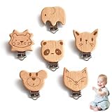 KRFWGUU 6 Stück Schnullerclip Holz Natur, Baby Nuckelclip Mit Tiermotiven, Natürliche Holzclips Für Schnullerketten, Metallverschluss, Sicher Und Ungiftig