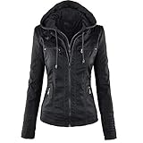 Newbestyle Damen-Jacke mit Kapuze, Kunstleder, für Motorrad, Mantel, Schwarz , 48