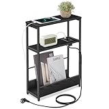 VASAGLE Beistelltisch schmal, Nachttisch mit Ladefunktion, Couchtisch klein, 3 Ablagen, Zeitschriftenhalter, für Wohnzimmer, Schlafzimmer, Arbeitszimmer, ebenholzschwarz-tintenschwarz LET335B02