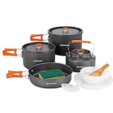 Odoland Camping Geschirr Set 15 Teilig, Outdoor Kochgeschirr Set mit 2 Topfe, Bratpfanne und Wasserkocher Camping Kochtopf Set, Kochgeschirr Aluminium für 4-5 Personen