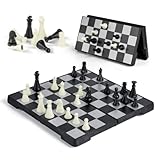 Gibot Schachspiel, Schachspiel Magnetisch Hochwertig, Mini Schach, Einklappbar Schachbrett, Reiseschach, Schachspiel Kinder und Erwachsene, Schwarz und Weiß 16 × 16 cm