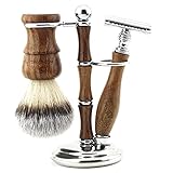 Jag Shaving Rasierset - Nachhaltige 3-teiliges Rasierset aus Holz - Synthetikhaar Rasierpinsel - doppelkante Rasierklingen Rasierhobel - Rasierhobel Damen – und Herren – Rasierständer