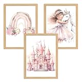 Zamety Bilder Kinderzimmer Deko, Kinderzimmer Deko Mädchen Prinzessin Einhorn Schloss und Regenbogen, Rosa 3-teiliges Set Poster 30x40, Wandbilder Rosa Für Kleine Mädchen, Ohne Rahmen