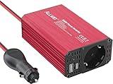 ALLWEI 300W Wechselrichter 12V auf 230V Spannungswandler, Stromwandler mit Typ-C & USB Anschluss, Inverter 12V 220V, Auto Steckdose für Auto, Laden von Handys, Laptops und Anderen Geräten(Rot)