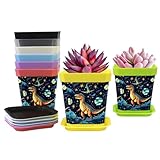 Star Dinosaurier Mond Cartoon Blumentöpfe - 7 x 8 x 5 cm, quadratische Pflanzgefäße mit verbundenem Untersetzer, Töpfe für Sukkulelten und kleine Schlangenpflanzen, 8 Stück