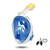 Lamker Tauchmaske Schnorchelmaske Vollmaske mit Kamerahaltung 180° Sichtfeld Tauchermaske Vollgesichtsmske Erwachsene und Damen Schnorchel Maske Anti-Fog Anti-Leck Müheloses Atmen Schwimmmaske Blau
