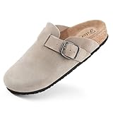 FITORY Damen Clogs Slip-on, Kartoffelleder, Mule, Spitze, Wildleder, Kork-Einlegesohle, Taupe, Größe 41