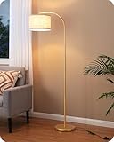 EDISHINE Stehlampe Wohnzimmer, 161cm Bogenlampe mit Verstellem Beigen Leinen-Lampenschirm & Fußschalter, mit E27 LED-Glühbirne, Leselampe Schlafzimmer, Stehleuchte Modern für Kinderzimmer, Gold