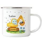 Bagger Emaille Tasse Kinder Personalisiert mit Name - Kinderbecher für Kindergarten, Kita - Kindertasse mit Baustelle und Fahrzeuge als Trinkbecher, Zahnputzbecher