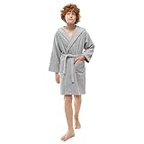 Twinzen Kinder & Teenager Bademantel Mit Kapuze - 100% Öko Tex Baumwolle, Für Jungs 13-14 Jahre, Grau Frottee, Extra Weich Und Saugfähig