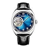 Aesop Tourbillon Herren-Armbanduhr, Skelett, mechanisch, Handaufzug, analog, Edelstahl, Saphirkristall, Spiegel, wasserdicht, Business-Luxus-Uhr mit Lederband 7056, Blue