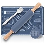 Metamorisy,nudelholz silikon & silikonmatte Kombi-Set,nudelholz holz(38cm)+teigmatte(60X40cm)+teigkarte + Pinsel,teigroller silikon,backmatte(blau)