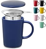 Teetasse mit Sieb und Deckel - Keramik Blau - Hält Lange warm - 400ml Groß - Spülmaschinenfest