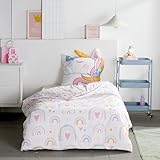 Bettwäsche Set Einhorn 2-teilig - 135x200 cm Deckenbezug & 80x80 cm Kissenbezug mit Ohr & Einhorn - Mädchenbettwäsche weiß - 100% Baumwolle mit Reißverschlüssen - Renforcé Qualität, Oeko-Tex
