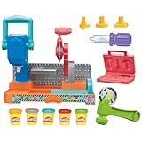 Play-Doh Werkbank Spielset, 5 x 56 g Dosen Knetmasse in bunten Farben, mit Kreissäge-Spielzeug, Werkzeug und Stempel, kreatives Kinder ab 3 Jahren