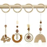 Spielbogen Baby Spielzeug ab 0 Monate Spielbögen Baby Gym Anhänger Holz 4 Stück Spielebogen Babies Toys für Mädchen Jungen Babyspielzeug für Babyschale Kinderwagen Autositz Spielzeug (Braun)