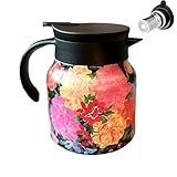 Isolierkanne aus Edelstahl – Kaffeekanne 800 ml, Wasserkocher, dekorative Teekanne mit Blumenmuster, doppelwandige Thermoskanne | tragbar mit auslaufsicherem Deckel, praktischer Behälter P