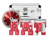 STREND PRO Diamant Fliesenbohrer Set | 6-8-10-20-35-50-68 mm, Diamant Trennscheibe, Diamant Fingerfräser 20mm, SDS Adapter | PREMIUM Glasbohrer/Feinsteinzeug Bohrer | Alu KOFFER | Keramikbohrer