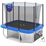 COSTWAY Trampolin Outdoor rechteckig, 3 in 1 Kindertrampolin mit Leiter, Basketballkorb & Fußballtor, Gartentrampolin mit Sicherheitsnetz & Metallrahmen für Kinder, Erwachsene (Blau)