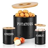 Lannvan Kartoffel Aufbewahrungsbox, Zwiebeltopf Kartoffelbox Knoblauchtopf 3er Set | Zwiebel Aufbewahrung Stapelbar mit Deckel aus Nachhaltigem Bambus | BelüFtung Beschattung (Schwarz)