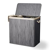 Juskys Bambus Wäschekorb Curly Grau 150L - Hygienischer Wäschekorb mit Deckel, Tragegriff & Wäschesack - 3 Fächer - Natürliche Bambus Optik