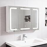Thanaddo Spiegelschrank Bad mit LED Beleuchtung 80x60cm, Badezimmerschrank mit 6 Regal 3 Tür, Badschrank mit LED Badspiegel, 3 Farben Dimmbar